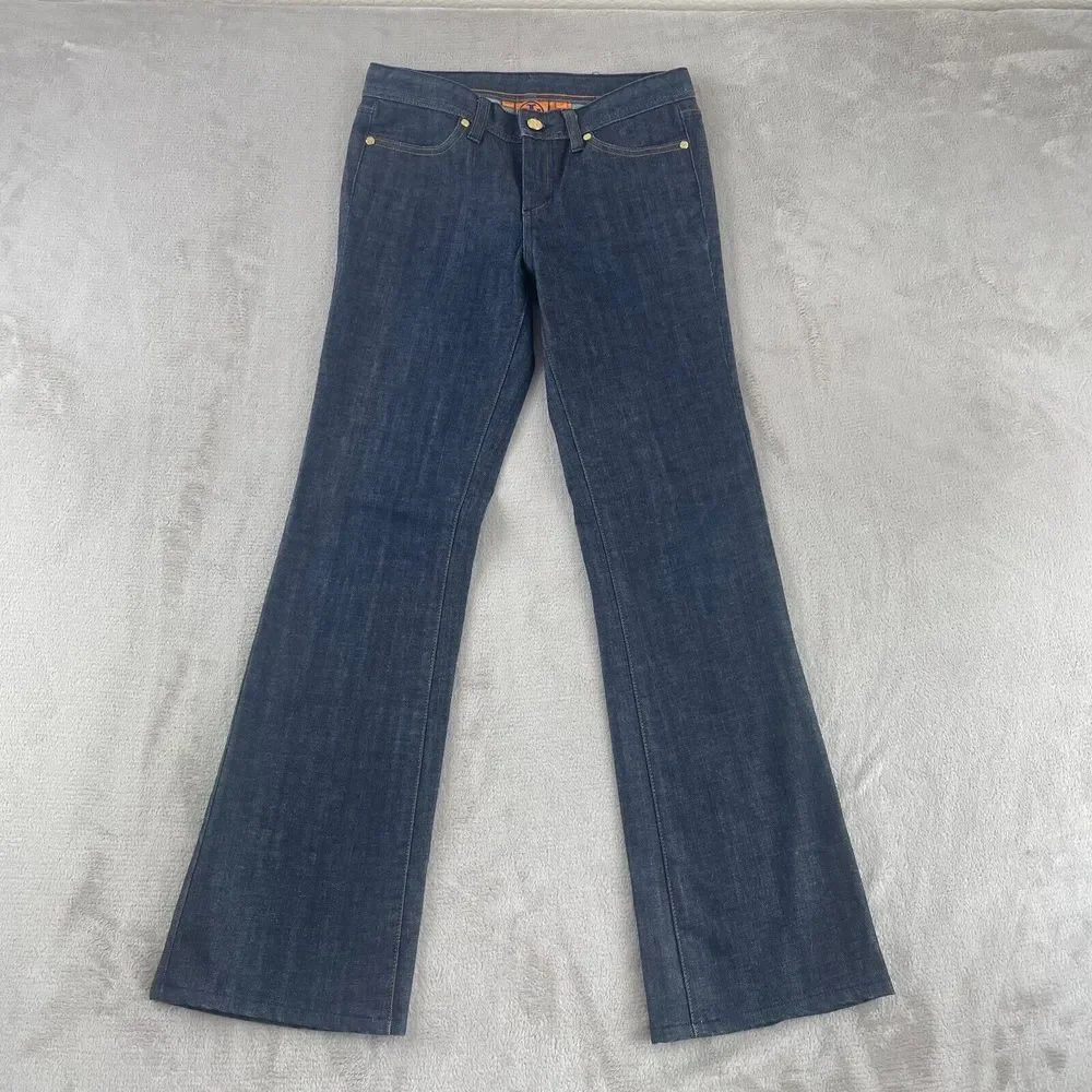 Tory‎ Burch Classic Tory Jeans in Dark Blue Women 27 BootCut Flare Gold Fishings